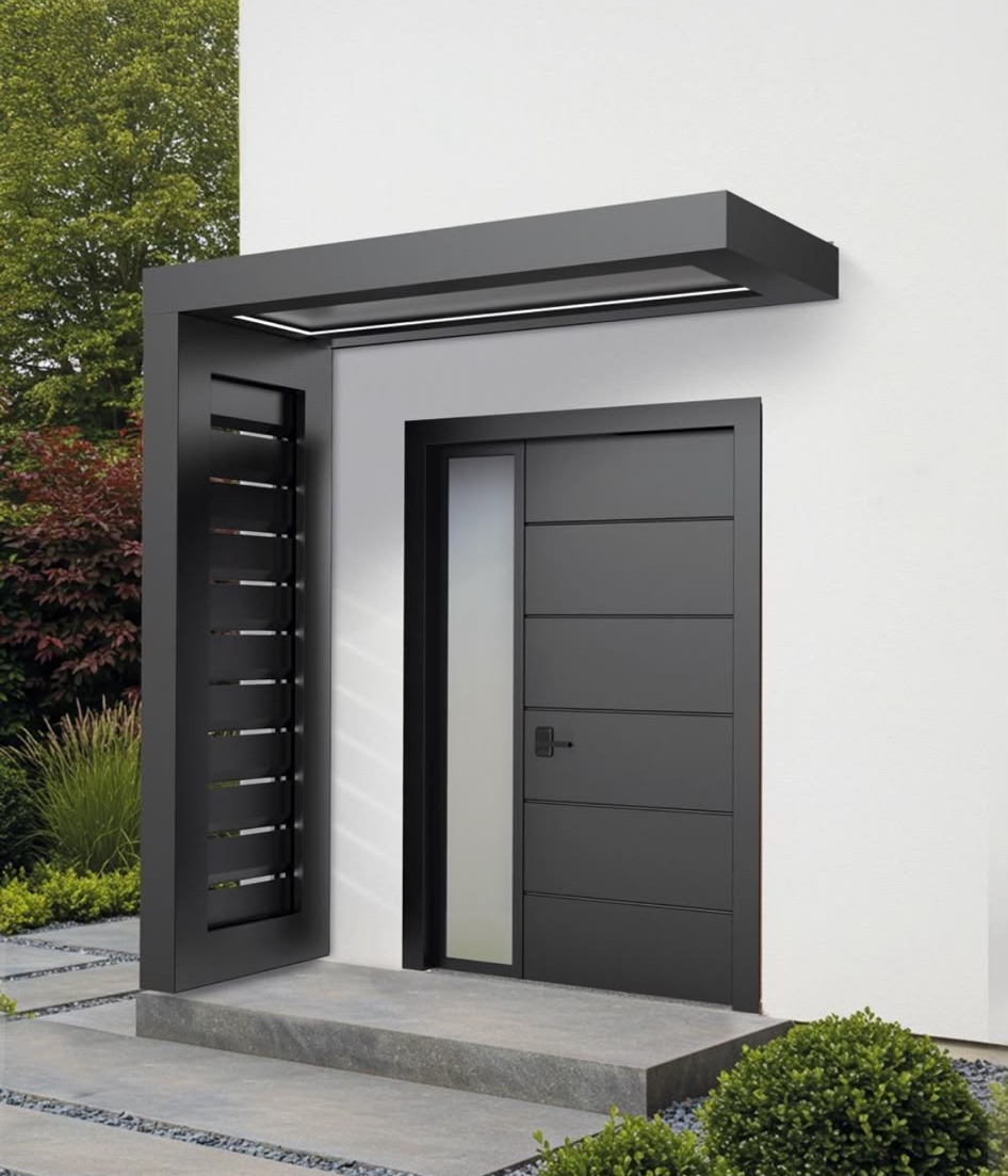 Modernes Designer Aluminium-Vordach mit Lamellen-Seitenteil und LED